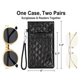 YOSE Double Eyeglass Case 2-Layer Soft Glasses Pouch with Carrying Strap & Cleaning Cloth for Women Men Portable Squeeze Top（2 Pcak）