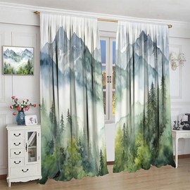 LOMADIA Forest Blackout Curtain for Bedroom, Watercolor Style Nature Woodland Green Forest Mountain Plant Home Window Treatments 2 Panels Drapes for Bedroom Living Room Offiec Decor 42" W X 54" L