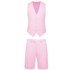Dbutiy Mens 2-Piece Linen Summer Suit - Beach Wedding Guest Outfit with Vest and Shorts Set, Light Pink, XX-Large