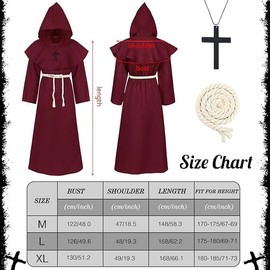 Monk Costume, Priest Monk Robe, Men's Cosplay Monk Costume, Medieval Renaissance Hooded Monk Costume, with Cross Pendant and Belt