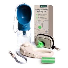 MalsiPree Retractable Dog Leash Set with Dog Poop Bag Holder, 12oz Dog Water Bottle, Flashlight & 20 Poop Bags - 9.8ft Dog Leash Retractable with Easy 1 Hand Locking (Sand & Teal)