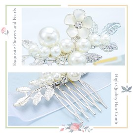 Flayem Wedding Hair Side Comb Bridal Pearls Headpieces Flower Leaf Hair Comb Bride Bridesmaid Hair Accessories for Women and Girls (Silver)