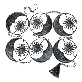 80-Inch Metal Rain Chain with 6 Celestial Crescent Moon & Sun Discs, Dark Verdigris Finish, Decorative Downspout Alternative with Bell at Bottom for Outdoor Décor