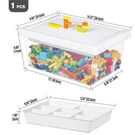 loobuu Plastic Storage Bins with Lids - 1 Set Stackable Arts Crafts Organizer Box with Removable Divided Tray &Compatible Building Baseplate,Toy Chest Containers for Bricks -White(14.37"x9.64"x6.69")