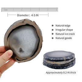 Gray Agate Coaster Drinks Crystal Cup Stone Coasters Set of 4 Geode Agate Slices with Rubber Bumpers for Coffee, Wine or Bar Glasses (4"-5")