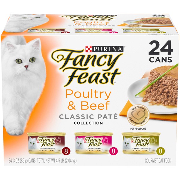 Purina Fancy Feast Grain Free Pate Wet Cat Food Variety Pack, Poultry & Beef Collection - (24) 3 oz. Cans