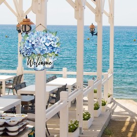 COLOR VALLEY ART Welcome Sign for Front Door, Wooden Hanging Decor Exterior Welcome Signs, Porch Decorations Outdoor Indoor, Wreath Door Hanger, Fall Decorations for Home (Blue-11.4L''x11.4W'')