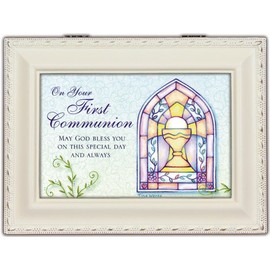 Cottage Garden Your First Communion God Bless You Ivory Rope Trim Jewelry Music Box Plays Ave Maria