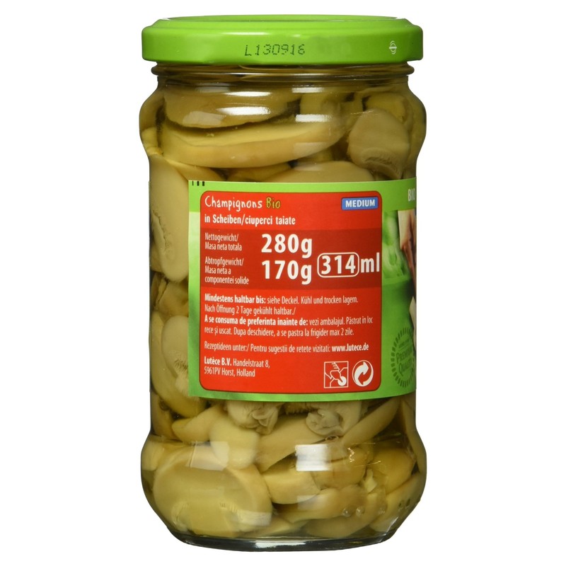 Lutece Organic Mushrooms in Slices, 280 g, Drained Weight 170
