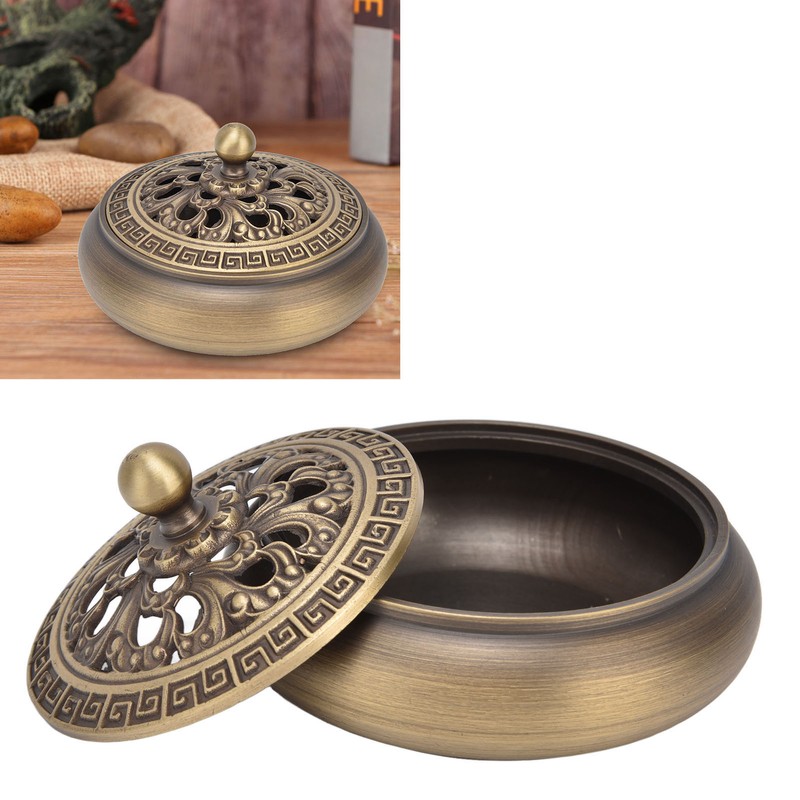 Antique Incense Burner Brass Holder with Lid Fireproof Cotton Interior