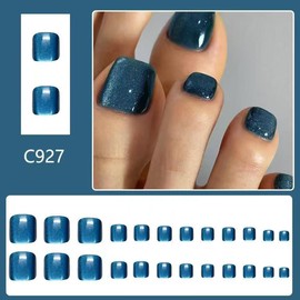 24Pcs Blue Glitter Press on Toenails Short Square ZWENJIE Summer Cat Eye Fake Toe Nails Dark Blue Toe Nail Press Ons with Glossy Design Acrylic Full Cover Cute Toe Nail Tips for Women