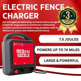 Electric Fence Charger for Large Pastures | Red Sizzle 74M | Powerful Plug in Electric Fence Energizer | 7.5 Joule | Strong Electric Fence for Livestock or Keep Out Bear, Deer, and More
