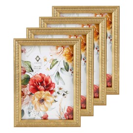 Concepts 5x7 Set Of 4 Gold Ornate Beaded Resin Picture Frames With HD Clear Glass, Extra Durable Photo Frames - Display Wallhung/Tabletop Vertically Or Horizontaly