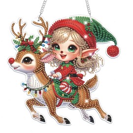Lxmsja Christmas Diamond Art Hanging Ornaments with Chain, Special Shaped Diamond Art Painting Kits for Adults Beginners, Deer Diamond Pendant Crystal Gem Art Kits Christmas Gifts for Home Decor