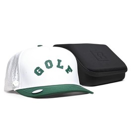 BRIMZ Golf Performance Hat - Breathable Sweat & Water Resistant Golfing Snapback Cap with Tee Holder & Magnetic Brim - Case Included (Golf White/Green & Case)