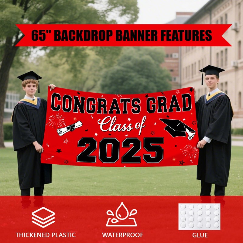 LEVGSAK Red 2025 Graduation Party Plastic Backdrop