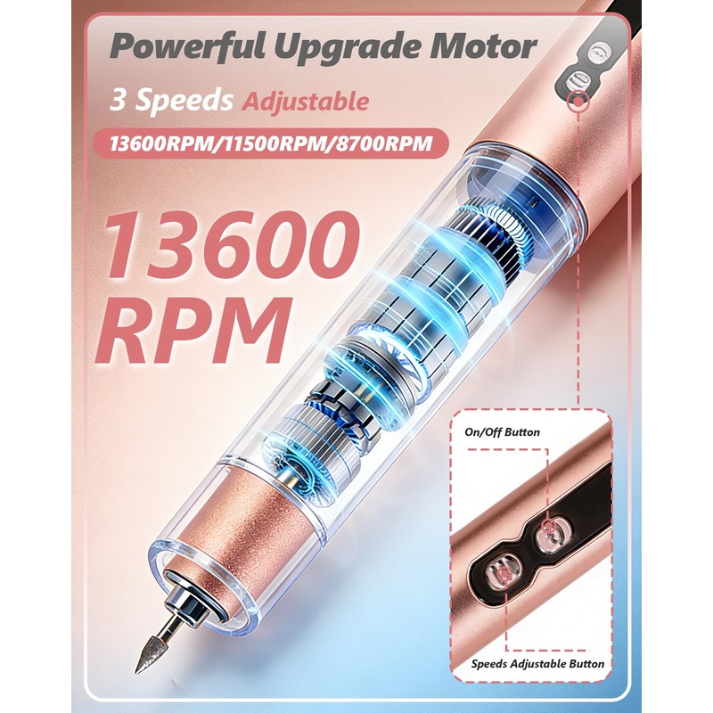 Electric Nail Drill for Acrylic Nails, 13600 RPM Cordless Nail