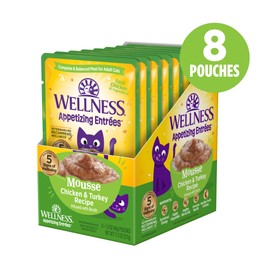 Wellness Appetizing Entrées Mousse Adult Wet Cat Food, Natural, Protein-Rich, Grain Free, 1.4 Ounce Pouch, 8 Pack (Chicken & Turkey Recipe)