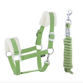JA Horse Faux Fur Halter Lead Rope Set with Carabiner Hook Adjustable Horse Halter Horse Wooden Horse Tie Rope (Faux Fur Snap Hook Green, Full)