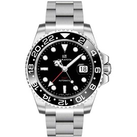 HAMAYOTA Men's Watch GMT Function Automatic Divers Watch Multicolor Ceramic Rotating Bezel, Black, Bracelet Type