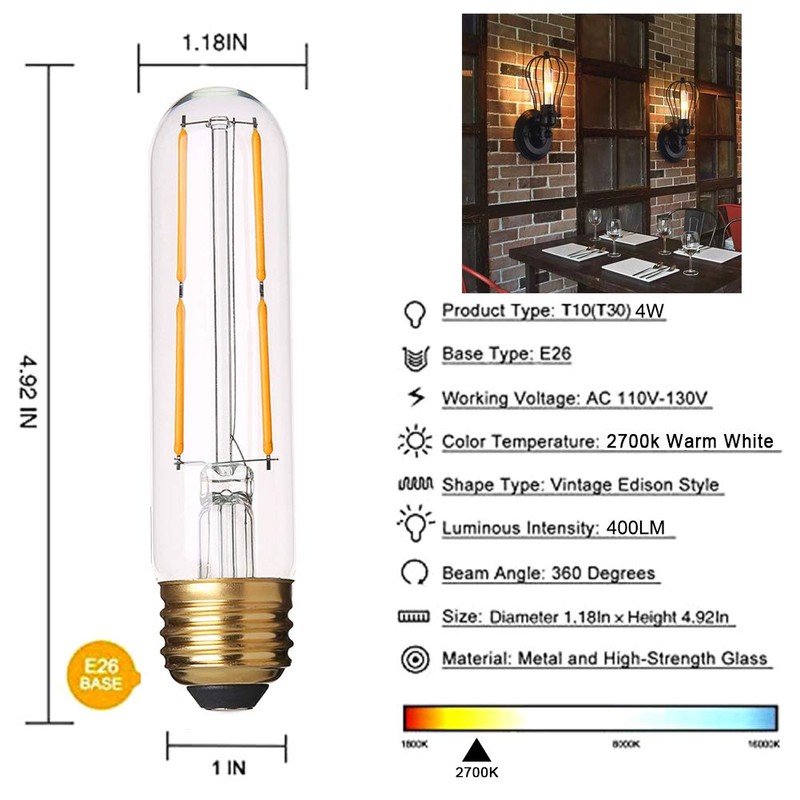 Dimmable T10 LED Bulbs Warm White 2700K LED Tubular Edison