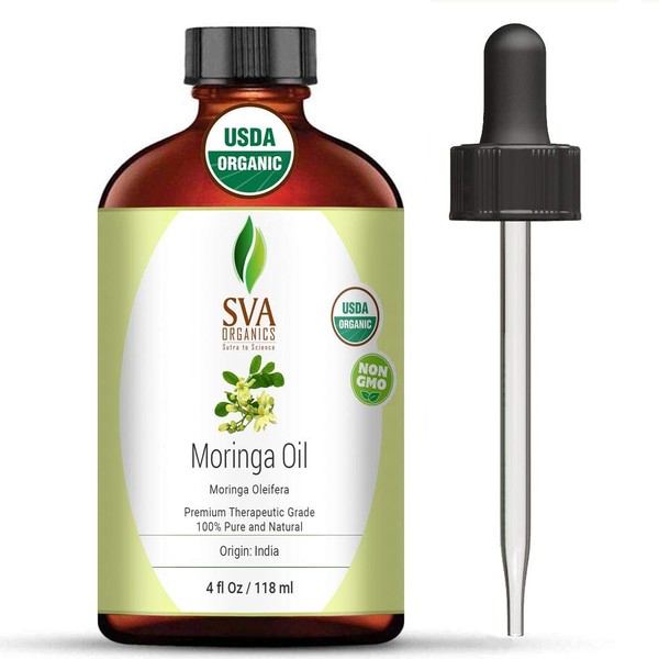 SVA Organics Moringa Oil 4 Oz Organic 100% Pure & Natural Carrier Oil Authentic & Premium Therapeutic Grade Oil for Skin Care, Hair Care, Aromatherapy & Masssage