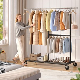 Raybee Clothes Rack Heavy Duty 450LBS, Clothing Racks for Hanging Clothes 200+, Metal Clothing Rack with Wheels, Rolling Commercial Garment Rack Portable, Black