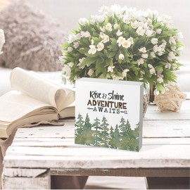 Knibeo Woodland Nursery Decor,Rise and Shine Adventure Awaits Wood Box Sign,Boy Nursery Decor,Country Decor for Bedroom,Rustic Cabin Decor 5x5 Inch