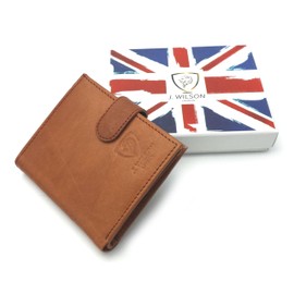 J. Wilson London RFID Blocking Protection Genuine Leather Mens Wallet with Zip Coin Pocket Gift Boxed (Distressed Tan - 2)