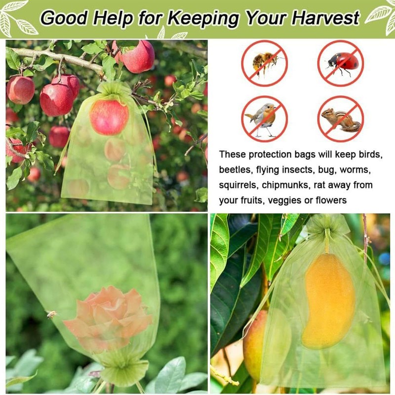 Fruit Protection Bags, Green Mesh Netting Bag, Drawstring Reusable 6X8Inch