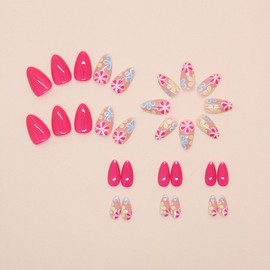 Almond Press on Nails - 24PCS False Nails Short - Hot Pink Stick on Nails for Women with Flower Design - Fake Nails with Glue - Full Cover Oval Acrylic Nails in 12 Sizes