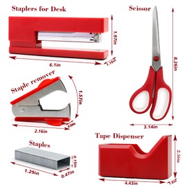 Red Office Supplies,UPIHO Red Desk Accessories,Stapler and Tape Dispenser Set for Women with Stapler,Tape Dispenser,Staple Remover,Staples,Push Pins,Scissor and Pocket Notebook,Gift for Office Clerks