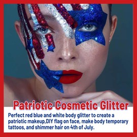 Allstarry Chunky Body Glitter 4 Colors Cosmetic Patriotic Face Glitter Independence Day Hair Sequins Sparkle Veterans Day Eye Flakes 4th of July Accessories for Olympics Party Women Face Paint Makeup
