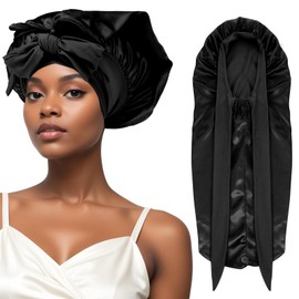 Long Satin Braid Cap, APLZGMG Long Satin Hood with Buttons for Women, Large Silk Hood for Sleeping, Satin Hair Cap Night, Sleep Cap with Tie, Sleep Cap for Long Curly Hair (Black)