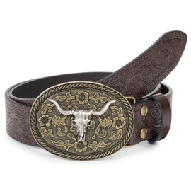 Eohak Mens Western Cowboy Belt Vintage Embossed Leather Belt With Longhorn Cow Pattern Buckle Fit 25" to 38" Waist
