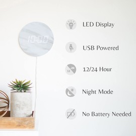 Leafre Minimalist LED Digital Wall Clock – USB Powered | Marble Style | 12/24 Hour, Night Mode, Silent Clock | Aesthetic Room Decor for Kitchen, Living Room, Bedroom, Classroom, Office (9 in)