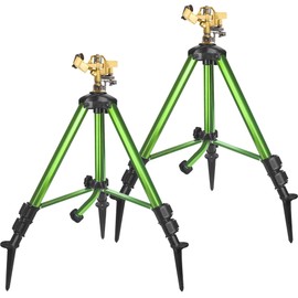 Triumpeek 2 Pack Impact Sprinkler on Tripod Base with Stakes, 360 Degree Large Area Coverage Irrigator with Extension Legs, Adjustable Brass Sprinkler Head Nozzle and 3/4" NH Inlet Hose Connection