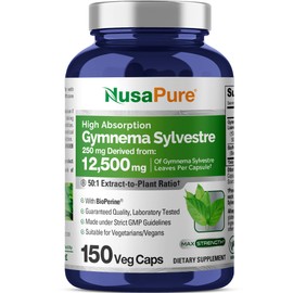 NusaPure Gymnema Sylvestre 50:1 Extract, 250 mg Equivalent to 12,500mg Per Vegan Caps - 150 Count (Non-GMO, Vegan, Bioperine)