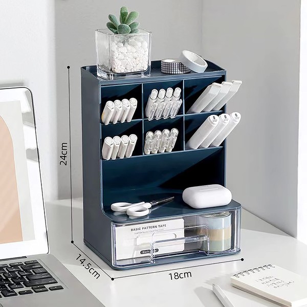 Pen Stand, Diagonal Stationery Storage, Pen Storage, Desktop Storage, Diagonal Pen Holder, Pencil Holder, Stylish, Includes Transparent Drawer, Large Capacity, Classification, Multi-functional Storage, For Office and Study Drawers, Drawer Divider, Tray (Blue)