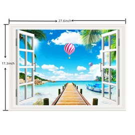 THNWSY 3D Self-Adhesive Painting Fake Window Wall Stickers Tropical Island with Palm Trees Wall Mural Window View Wall Decor for Home (17.3"×27.6", Beach Bridge)