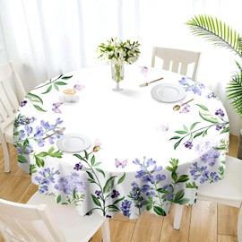 Eikione Lavender Round Tablecloth 60 Inch, Floral Oilproof, Wrinkle Resistant Fabric Flower Table Cover for Patio Party