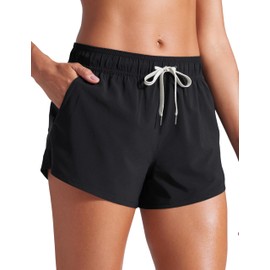 CRZ YOGA Womens 3" Mid Waisted Swim Board Shorts Side Splits Swimming Bottoms Quick Dry Beach Swimsuit with Liner Pockets Black Medium