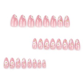 Press on Nails Medium Length Pink Almond Fake Nails Flower False Nails Artificial Acrylic Nails Small Bee Stars Design Summer Stick on Nails Full Cover Reusable Coffin Nails Glue on Nails for Women