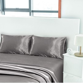 Niagara Full Grey Bed Sheet Set 4 Pieces Silky Smooth Bridal Satin Deep Pocket Fitted, Flat, 2 Pillow Cases Wrinkle Stain, Fade Resistant (Grey Satin, Full)