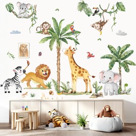 decalmile Wall Sticker Jungle Animals Tree Large Wall Sticker Safari Giraffe Elephant Lion Zebra Monkey Vines Wall Sticker Baby Room Nursery Bedroom Wall Decoration