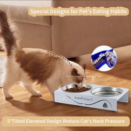 2 Pack Cat Food Bowls,Stainless Steel Cat Bowls for Indoor Cats, 5° Tilted Elevated Anti-Vomiting Cat Food and Water Bowl Set,Raised Cat Bowl with Metal Stand, Shallow Cat Dishes for Kitten,White