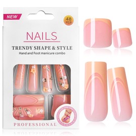 EternalClassic Pink French Tip Press on Nails Long Square Press on Toenails Short Square Flower Rhinestone Design Fake Nails Press ons Glossy False Nails and Toe Nails Set 48pcs Acrylic Nails