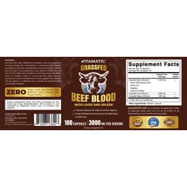 Vitamatic Grass Fed Beef Blood with Liver and Spleen - 180 Capsules - Freeze Dried & Non-GMO - Pasture Raised Glandular Supplement - Made in USA