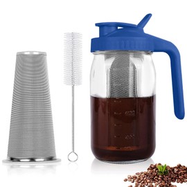 QHH Cold Brew Coffee Maker,32 oz Mason Jar Pitcher with Stainless Steel Filter, Pour Spout Handle Lid, Heavy Duty Glass Airtight & Leak-Proof Pitcher for iced coffee Tea Lemonade-Blue