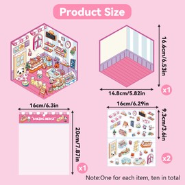 xolear Set of 10 DIY 3D House Stickers, Cute 3D Sticker Scene, Fun DIY House Stickers, Reusable Miniature Sticker Scene Set, for Relief Stress for Adults and Children with 1 Tweezers